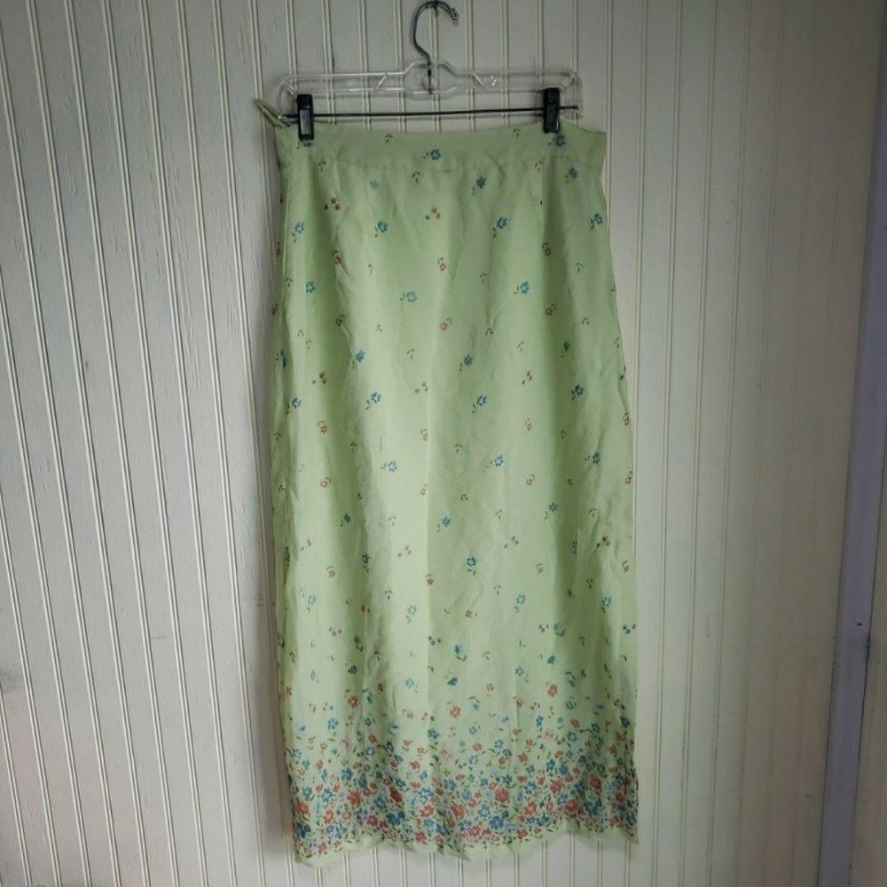 Paul Harris Design Skirt Womens Large Green Floral A-Line Long‎ Chiffon Slit